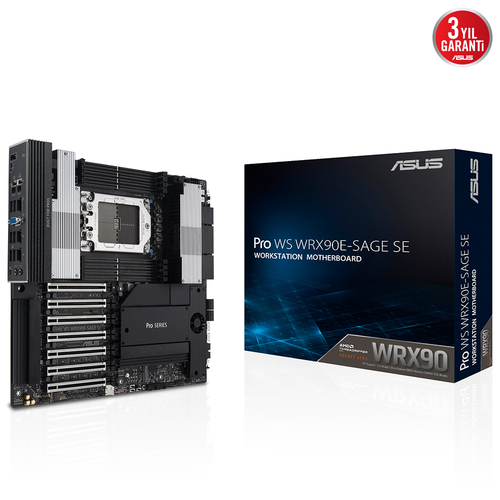 ASUS MB PRO WS WRX90E-SAGE SE AMD WRX90 STR5 DDR5 7600 VGA 4X M2 USB3.2 2X10GBIT + 1GBIT LAN EEB 2TB’A KADAR RAM DESTEĞI 2X SLIMSAS PORTU ASUS MB CONTROL CENTER EXPRESS HEDIYELI