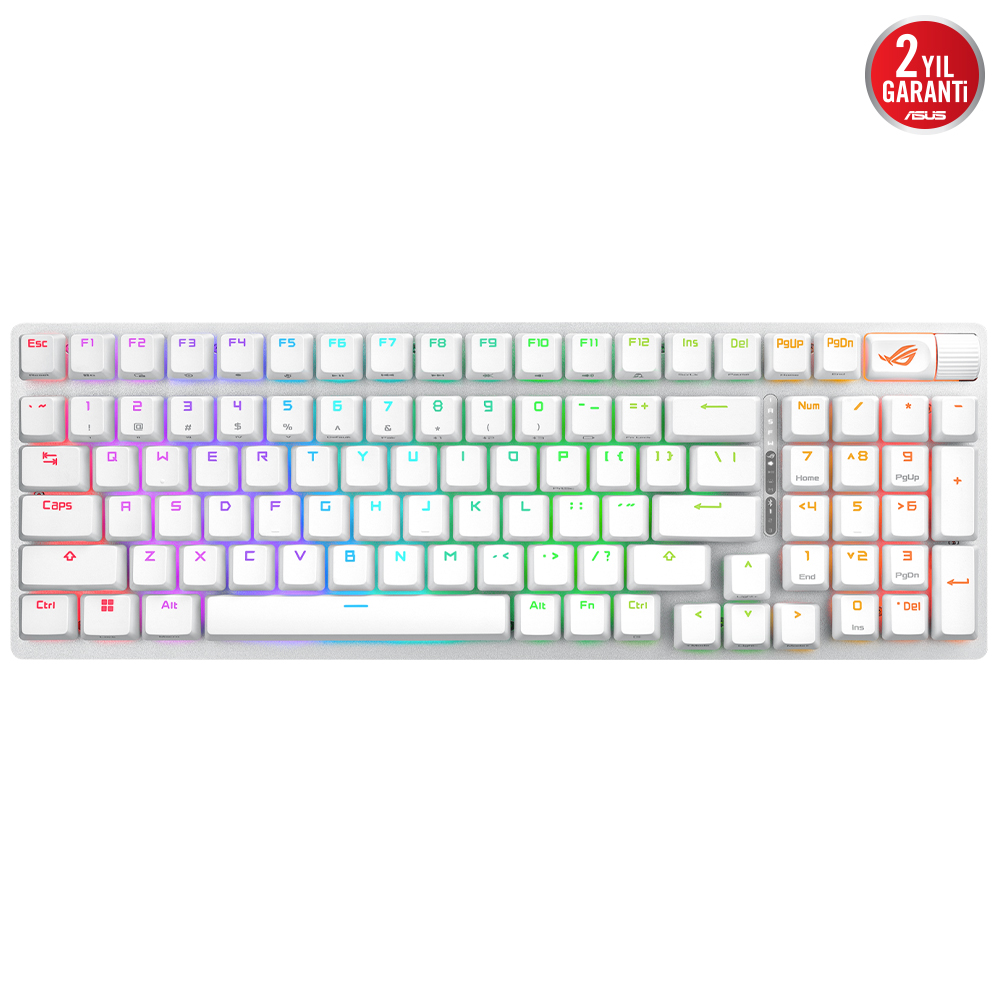 ASUS ROG STRIX SCOPE II 96 WL/NX SNOW/ABS/TR/BEYAZ WIRELESS OYUNCU KLAVYESİ 3 FARKLI BAĞLANTI TÜRKÇE TUŞ DİZİLİMİ (2.4GHz RF, BLUETOOTH, KABLOLU) ROG NX SNOW MEKANİK SWITCH AURA SYNC RGB VE BİLEK DESTEĞİ BEYAZ