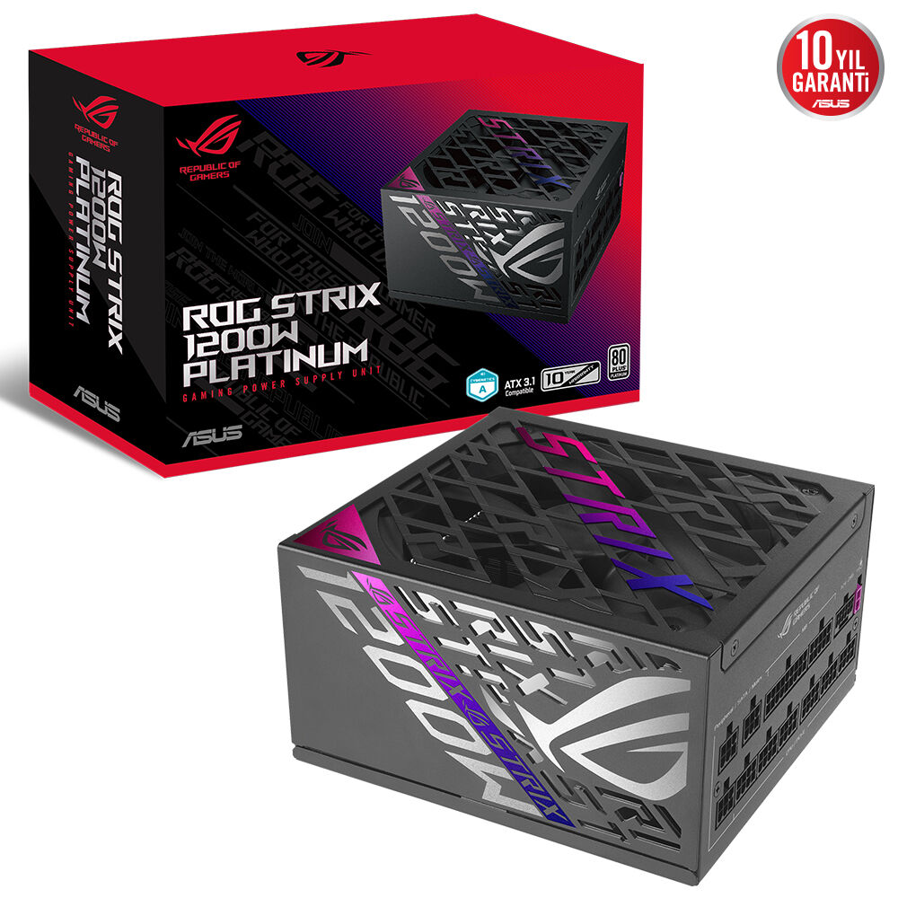 ASUS ROG-STRIX-1200P TAM MODÜLER GÜÇ KAYNAĞI, 80 PLUS PLATİNUM SERTİFİKALI, ATX 3.1, GaN MOSFET, AKILLICA VOLTAJ DÜZENLEYİCİ, 10 YIL GARANTİ
