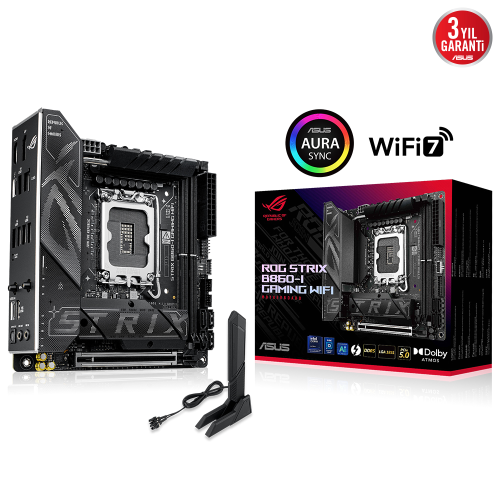 ASUS MB ROG STRIX B860-I GAMING WIFI INTEL B860 LGA1851 DDR5 8800 DP HDMI USB4 ÇİFT M2 USB3.2 GEN 2X2 WİFİ 7 + BT AURA RGB 2.5GBİT LAN MİNİ ITX 10+1+2+1 GÜÇ AŞAMALARI 1XGEN5 M.2 ASUS MB AI ADVİSOR THUNDERBOLT 4