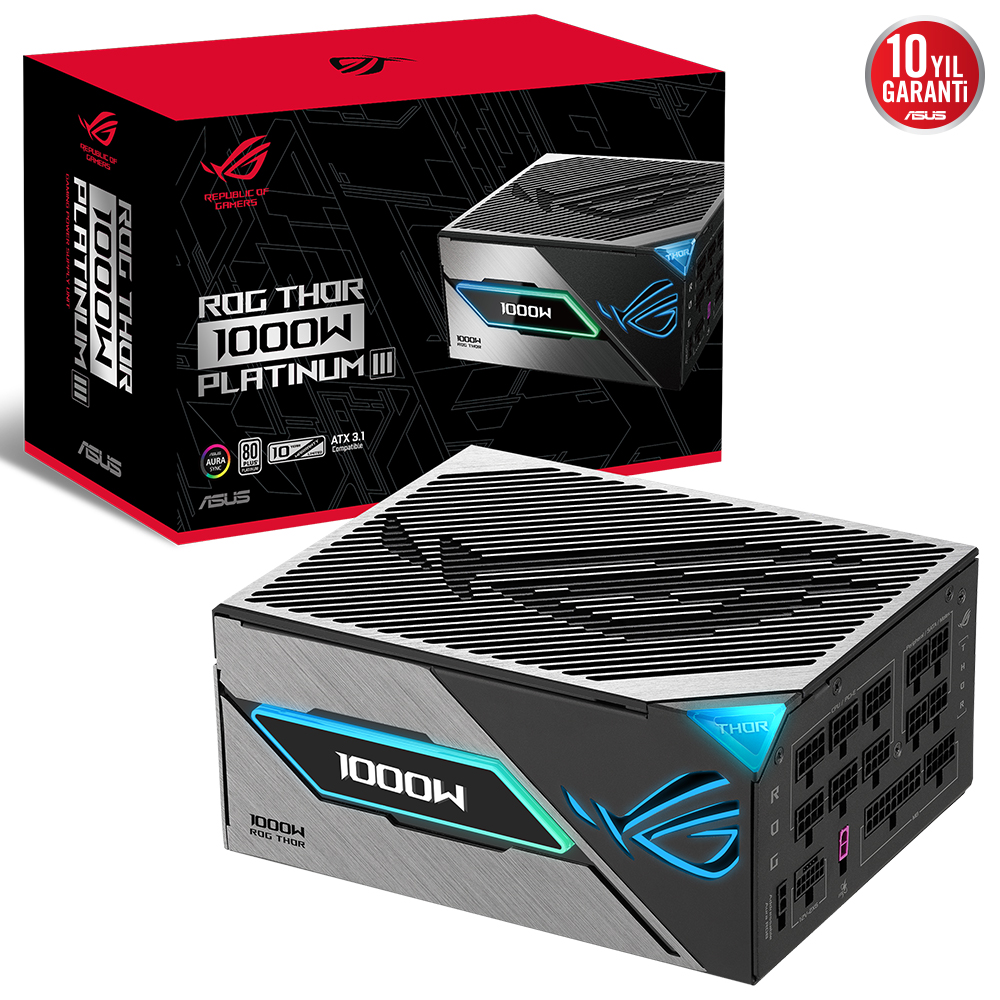 ASUS ROG THOR 1000W PLATINUM III PSU (80 PLUS PLATINUM SERTİFİKALI, ATX 3.1, GaN MOSFET, AKILLI VOLTAJ DÜZENLEYİCİ, MANYETİK OLED EKRAN, 10 YIL GARANTİ)