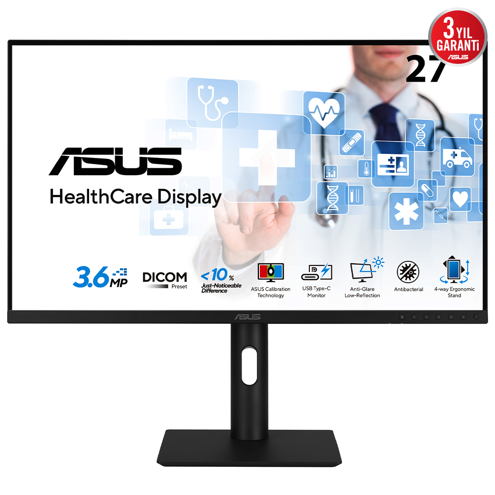 ASUS Sağlık HA2741A 27 IPS 2560x1440 5ms 75Hz 350cd DP HDMI USB-C YOK VESA 3YIL AGLR  DICOM Bölüm 14 GSDF  DICOM Ön Ayarı  Otomatik Kalibrasyon  JND < %10  Antibakteriyel Kaplama  USB-C  HDMI  DisplayPort Papatya Dizilimi İşlevi  Ergonomik Stant
