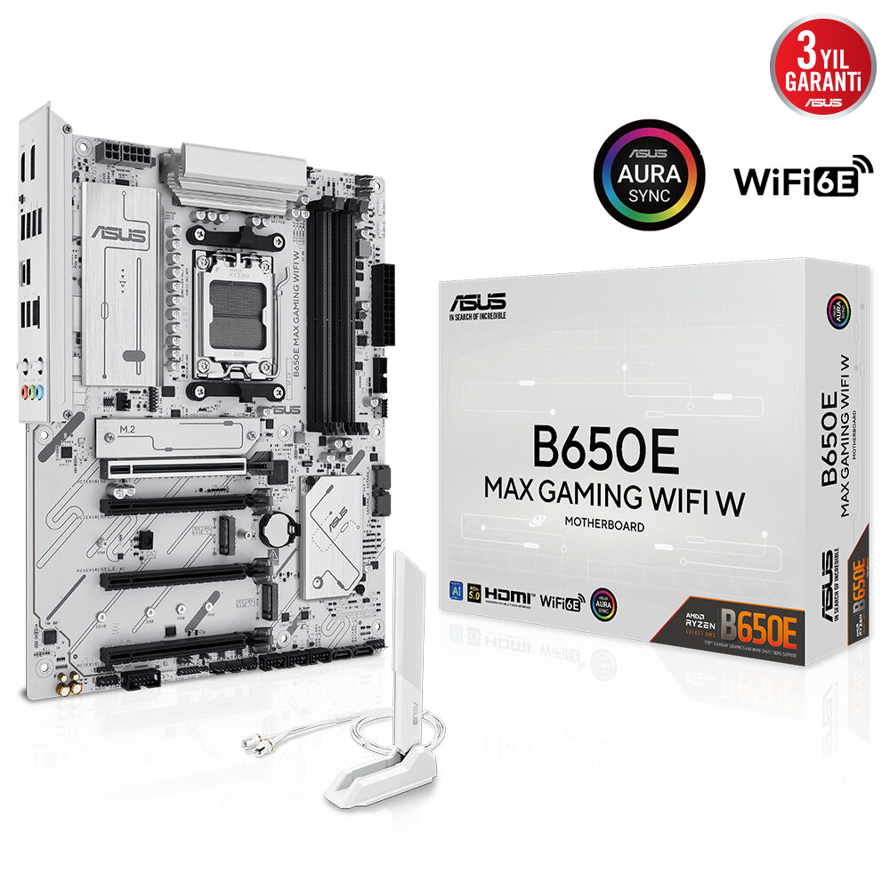 ASUS MB B650E MAX GAMING WIFI W AMD B650 AM5 DDR5 8000 DP HDMI 3X M2 USB3.2 WIFI 6E + BT AURA RGB 2.5GBIT LAN ATX 256GB’A KADAR RAM DESTEĞI PCIE5.0 ASUS MB 5X PROTECTION III BEYAZ TASARIM