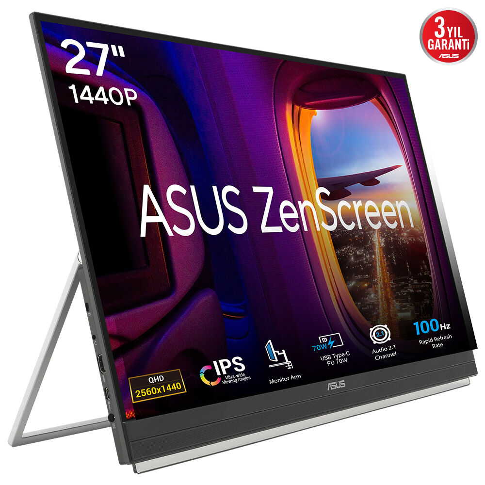 ASUS ZenScreen MB27ACF 27 IPS 2560x1440 5ms 100Hz 300cd HDMI USB Hoparlör VESA 3YIL 99% Srgb TAŞIMA KOLU/AYAK STAND TASARIM PD 70W  PIVOT  TAŞINABİLİR MONİTÖR
