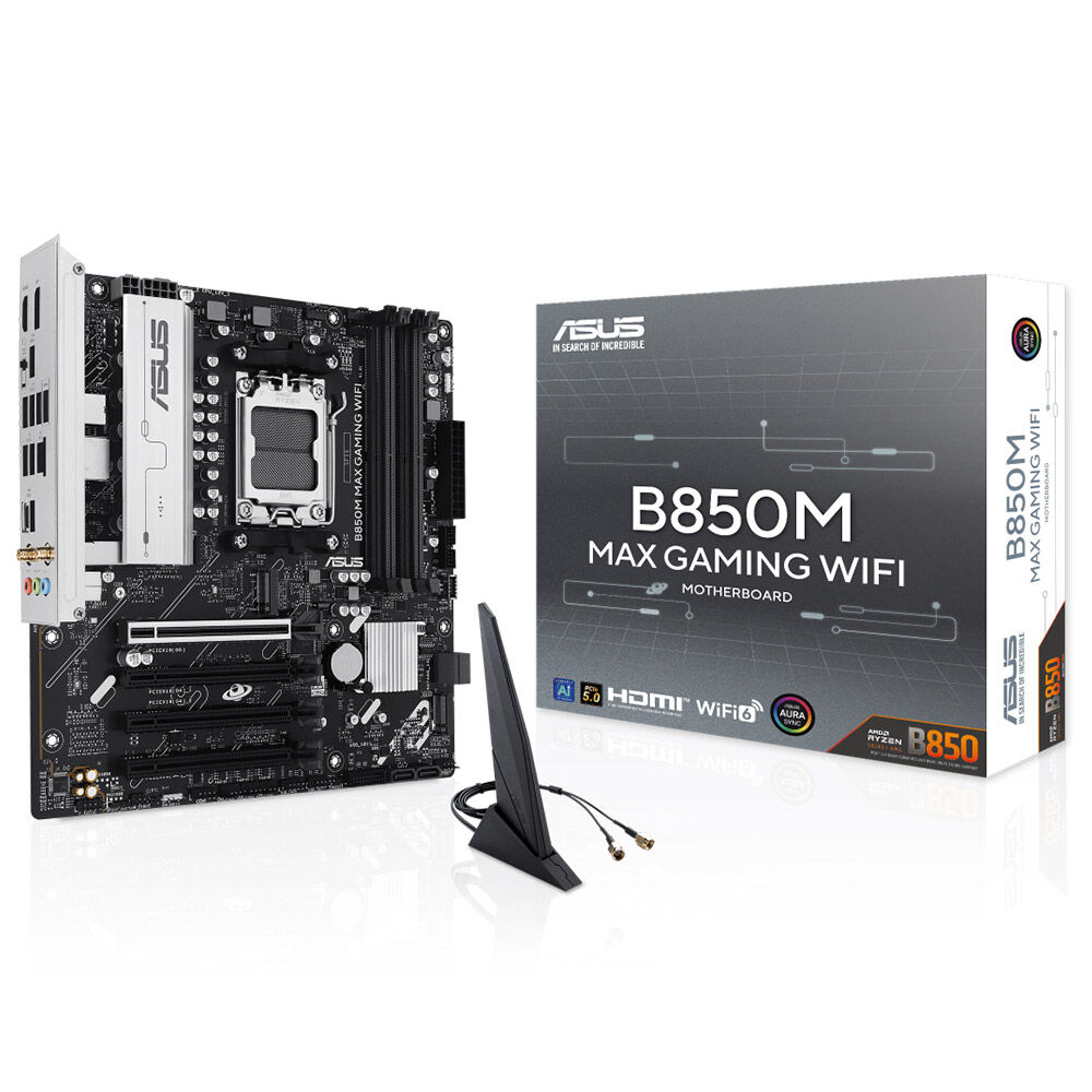 ASUS MB B850M MAX GAMING WIFI AMD B850 AM5 DDR5 8000 DP HDMI 3X M2 USB3.2 WİFİ 6 + BT AURA RGB MATX 256GB’A KADAR RAM DESTEĞİ 8+2+1 GÜÇ AŞAMALARI 1XGEN5 M.2 ADVANCED AI PC-READY
