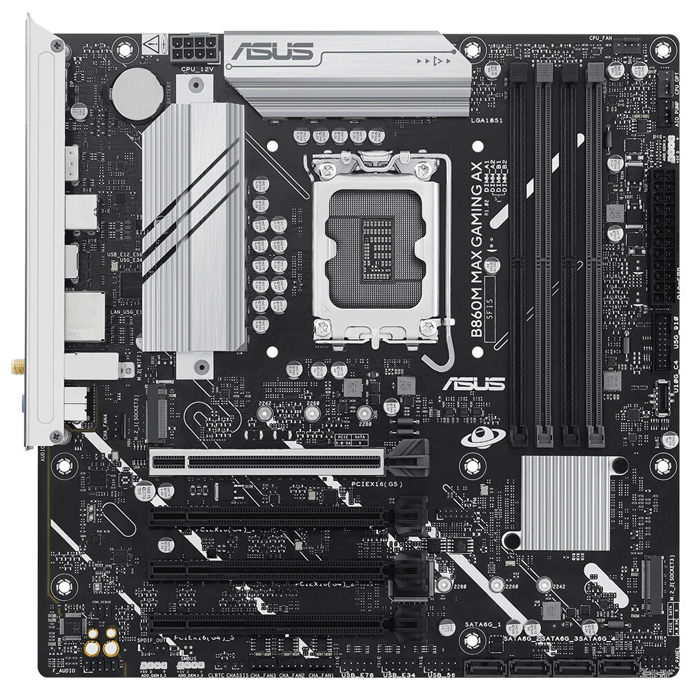 ASUS B860M MAX GAMING AX INTEL B860 LGA1851 DDR5 8666 DP 3x M2 USB3.2 GEN 2x2 WIFI 6 + BT AURA RGB 2.5GBIT LAN mATX 6+1+1+1 GÜÇ AŞAMALARI 1xGEN5 M.2 READY FOR ADVANCED AI PC
