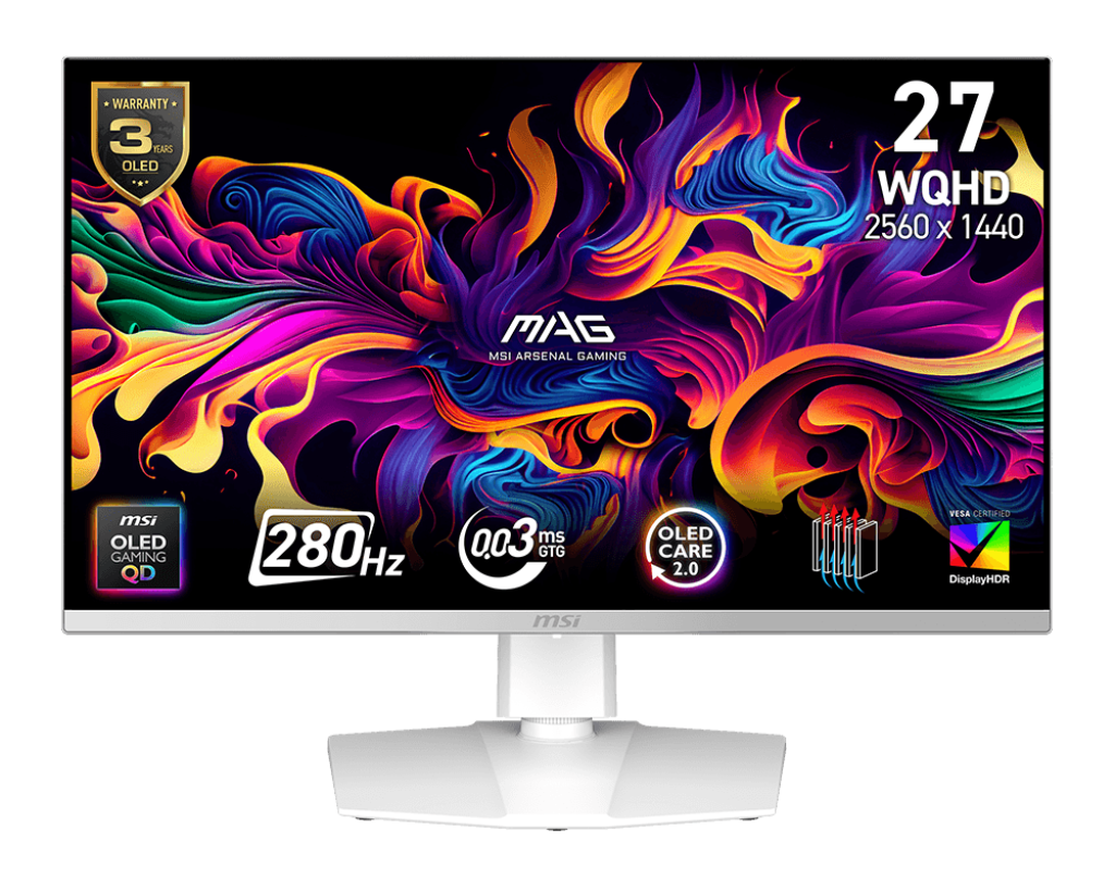 MSI 26.5 MAG 272QPW QD-OLED X28 2560x1440 (WQHD) 16:9 FLAT QD-OLED 280HZ 0.03MS FREESYNC PREMIUM PRO PIVOT BEYAZ GAMING MONITOR