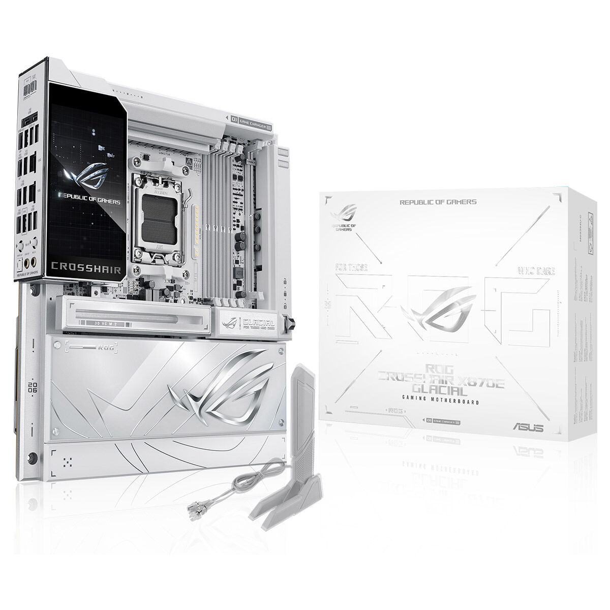 ASUS ROG CROSSHAIR X870E GLACIAL AMD X870E AM5 DDR5 9200 2XUSB4 7X M2 USB3.2 WİFİ 7 + BT AURA RGB 2 X 10GBİT LAN EATX 24+2+2 GÜÇ AŞAMALARI USB 20GBPS PD/QC4+ İLE 60W A KADAR USB ÇIKIŞI ROG HYPER M.2 KART ROG Q-DIMM.2