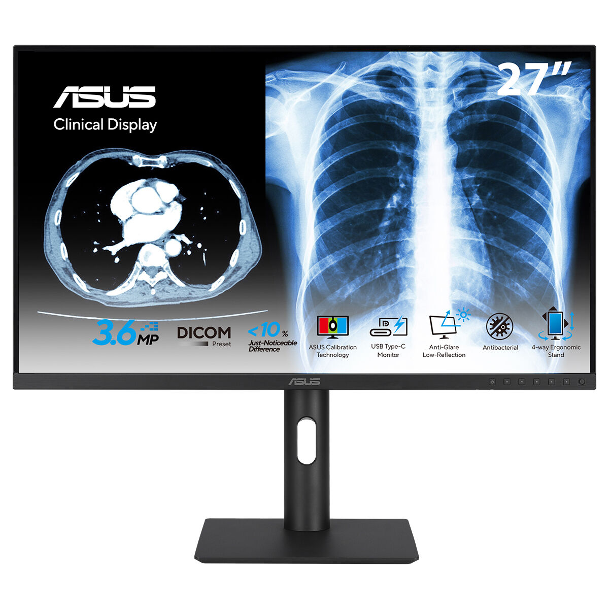 ASUS KLİNİK MONİTÖR MH2741A 27 IPS 3.6MP 2560x1440 5ms 75Hz 350cd DP HDMI USB-C YOK VESA 3YIL AGLR  DICOM PART 14 GSDF  DICOM ÖN AYARI OTOMATİK KALİBRASYON  JND <%10 ANTİBAKTERİYAL KAPLAMA DAISY CHAIN