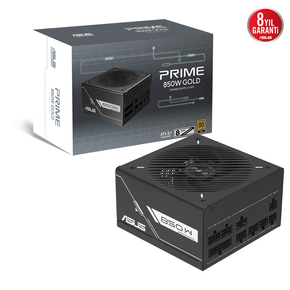 ASUS PRIME-850G GOLD PSU FULL MODÜLER 80 PLUS GOLD ATX 3.1 PCIE 5.1 12V-2X6 KABLO ÇİFT BİLYALI FAN 8 YIL GARANTİ