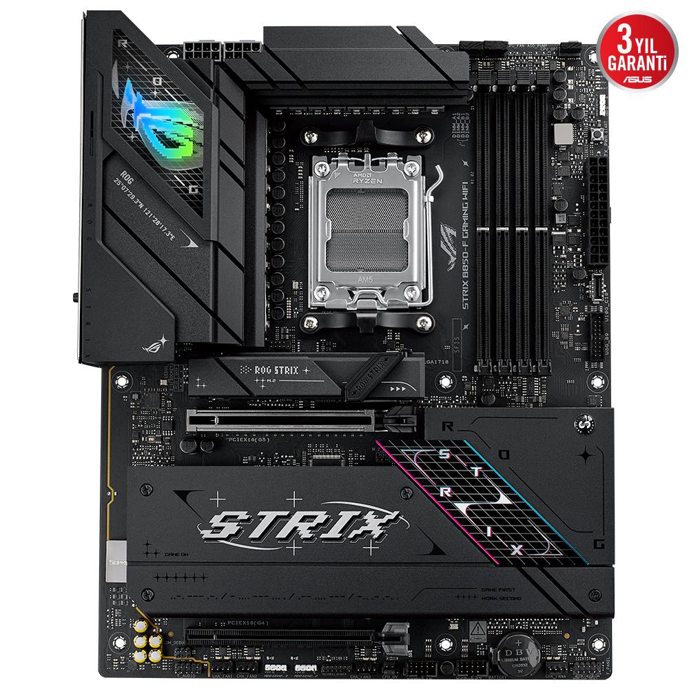 ASUS ROG STRIX B850-F GAMING WIFI7 NEO AMD B850 AM5 DDR5 9000 HDMI 4x M2 USB3.2 Gen 2x2 WiFi 7 + BT AURA RGB 2.5GBIT LAN ATX 16+2+2 GÜÇ AŞAMALARI 2xGEN5 M.2  ASUS Q-DESIGN READY FOR ADVANCED AI PC