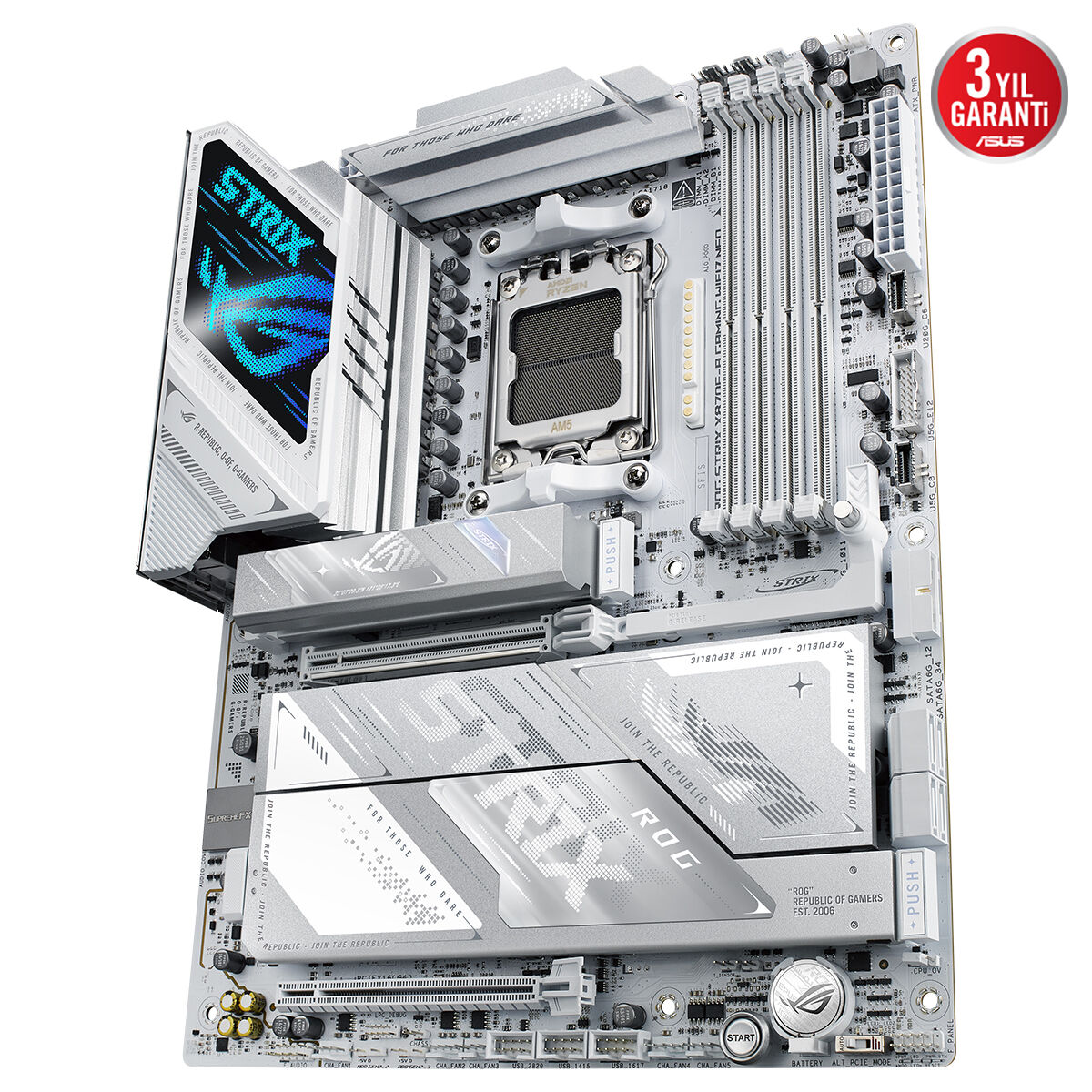 ASUS ROG STRIX X870E-A GAMING WIFI7 NEO AMD X870 AM5 DDR5 9600 HDMI 2xUSB4 4x M2 USB3.2 WiFi 7 + BT AURA RGB 5Gbit LAN ATX 16+2+2 Güç Aşamaları, Çift USB4, 4xM.2 slot, ASUS AIO Q-CONNECTOR, Beyaz