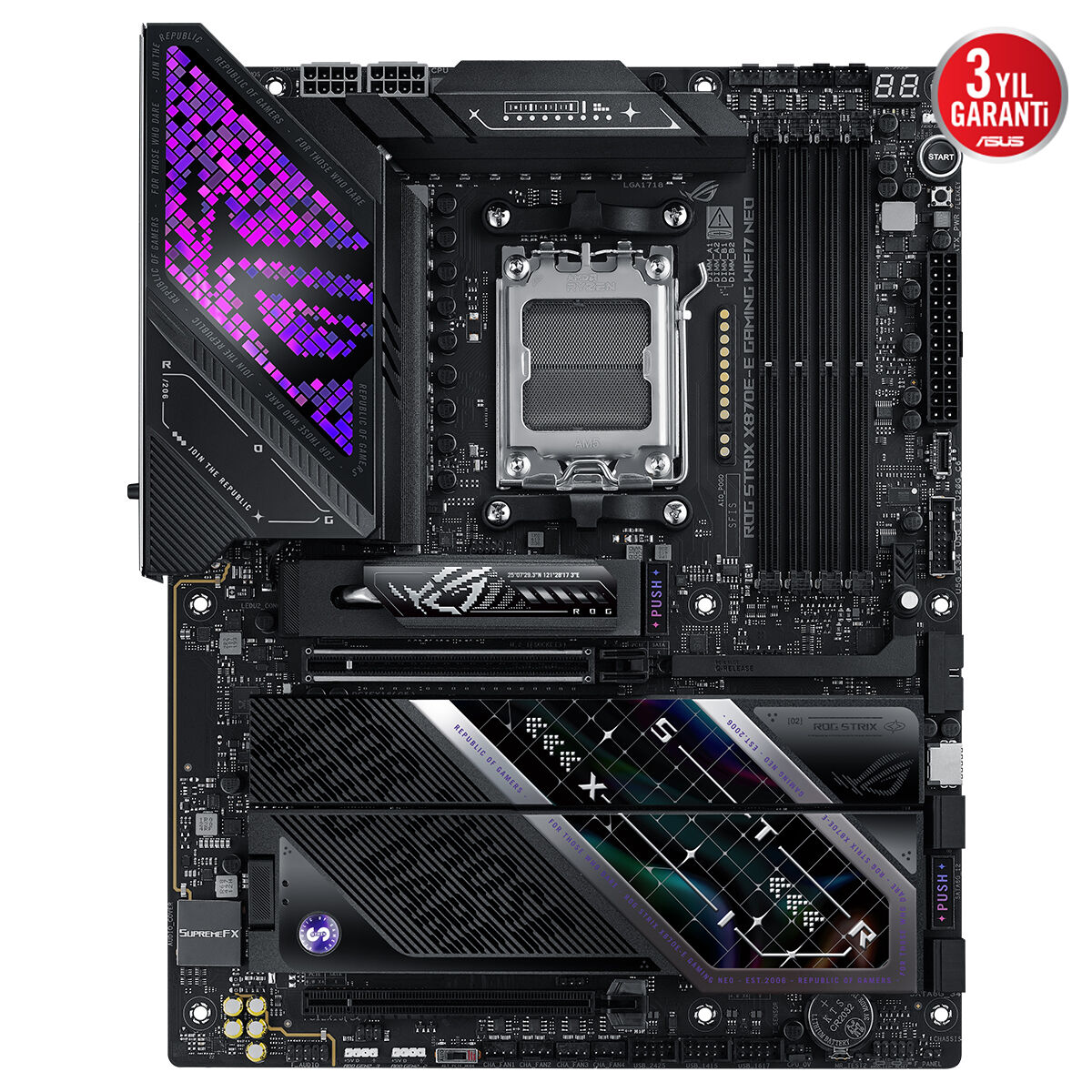 ASUS ROG STRIX X870E-E GAMING WIFI7 NEO AMD X870 AM5 DDR5 9000 HDMI 2xUSB4 5x M2 USB3.2 WiFi 7 + BT AURA RGB 5Gbit LAN ATX 18+2+2 Güç Aşamaları, Çift USB4, AIO Q-CONNECTOR
